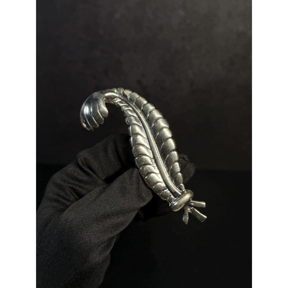 Large Vintage Sterling Silver Feather Brooch Bow Accent Pin